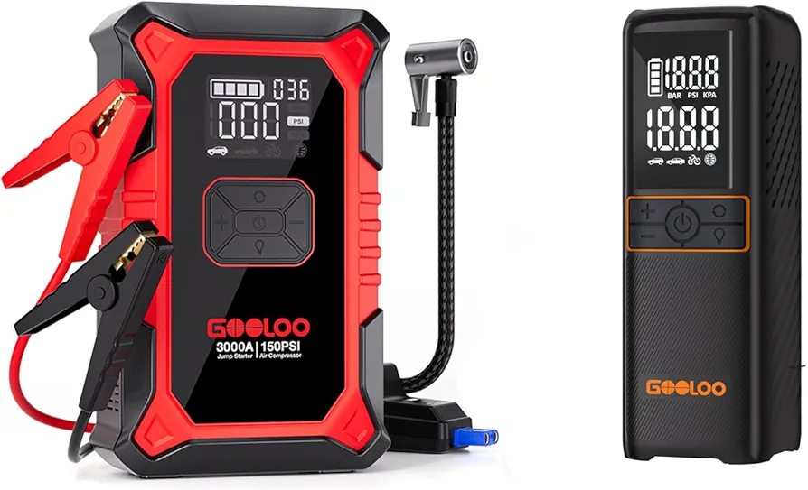 GOOLOO GT160 Tire Inflator & A3 Jump Starter with Air Compressor, 3000A Portable Car Battery Booster (9.0 Gas/6.5L Diesel) with 150PSI Auto-Shutoff Tire Inflator