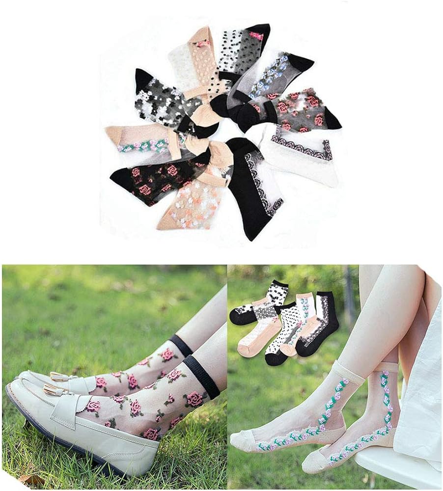 Acxico 10 Pairs of Women Spring Summer Floral Silk Socks Transparent Thin Short Socks