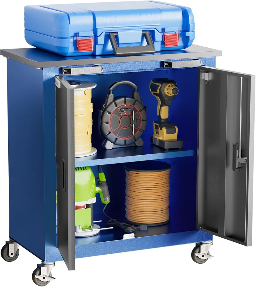 Tool Chest with Wheels and 4 Pad Feet,Tool Chest with 2 Doors and Adjustable Shelves,Lockable Steel Chest for Garage,Home and Office,can be Combined to Large Cabinet Set