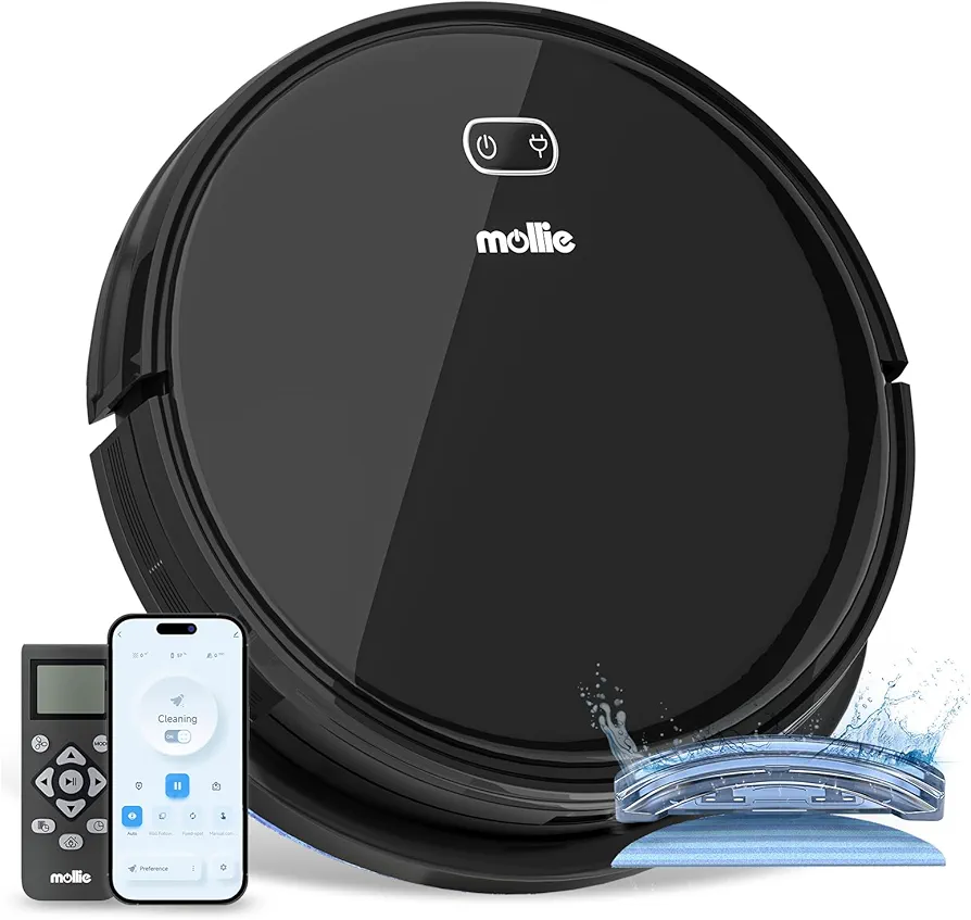 mollie Robot Vacuum and Mop with Wi-Fi/App, Automatic Self-Charging Robotic Vacuum Cleaner, 2800Pa Suction, Slim, Good for Hard Floors Carpets, Black