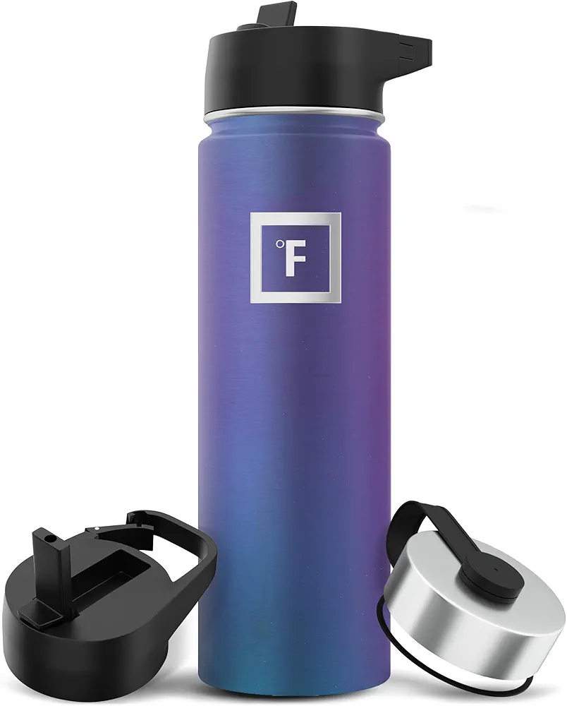 IRON °FLASK Camping & Hiking Hydration Flask with 3 Lids - Stainless Steel, Double Walled & Vacuum Insulated Water Bottle - Leak Proof & BPA Free (Aurora, Straw - 22 oz)