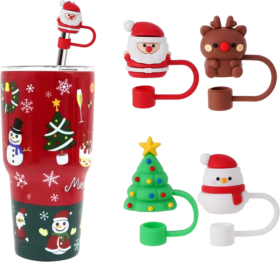 4 Pcs Christmas Straw Cover Cap for Stanley Cup, 10mm 0.4in Stanley Accessories Xmas Straw Toppers Cap with 30&40 Oz Tumbler with Handle Dust-Proof Reusable Straw Tips Lids for Christmas Gifts