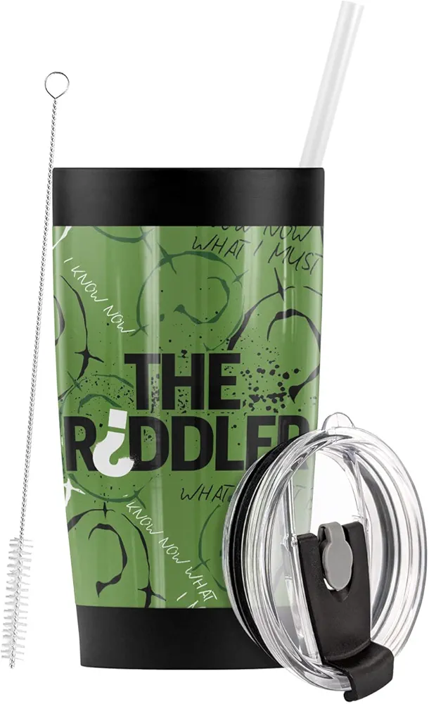 Logovision The Batman (2022) Riddler Question Mark Pattern Stainless Steel Tumbler with Straw and Flip Lid 20 oz Travel Mug/Cup, Vacuum Insulated & Double Wall with Leakproof Dual Lid