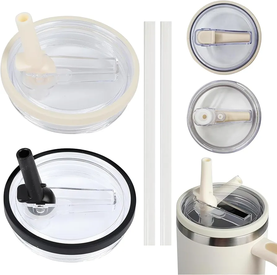 2-Pack 40 oz Reusable Tumbler Flip-Top Straw Lids–Leak-Proof, Spill-Proof, Splash-Proof Replacement Lids with Dust-Proof Seal and Dishwasher-Safe Straws–Perfect for Stainless Steel Tumblers Multicolor