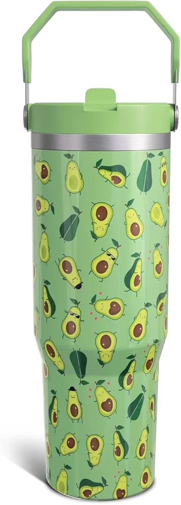 Avocado Gifts 30 Oz Tumbler with Top Handle and Flip Straw, Sage Green Stainless Steel Insulated Water Bottle Cup, Cute Fruit Lover Birthday Gifts for Women Girls