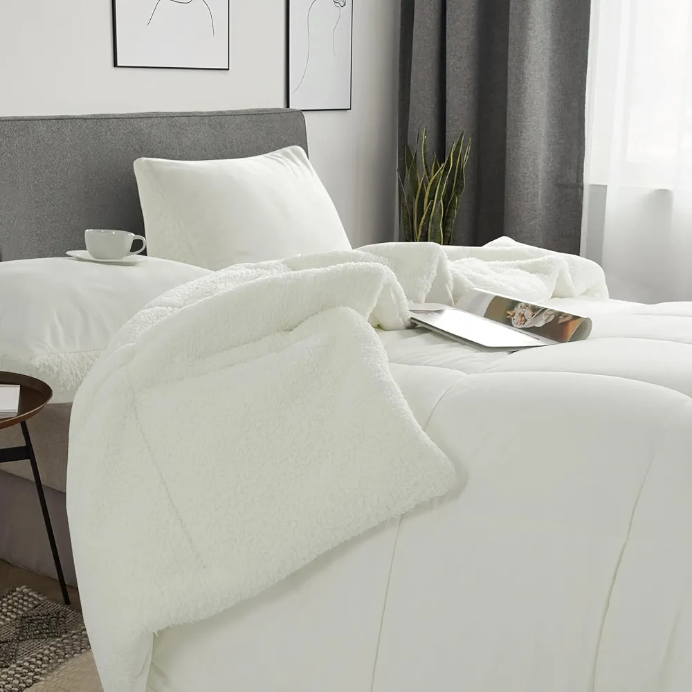 BEDHOURS Queen Comforter Set Micromink Sherpa Comforter 3 Piece Ultra Soft Plush Down Alternative Bedding Set Reversible Comforter + 2 Pillowcases Winter Warm (Ivory Queen)