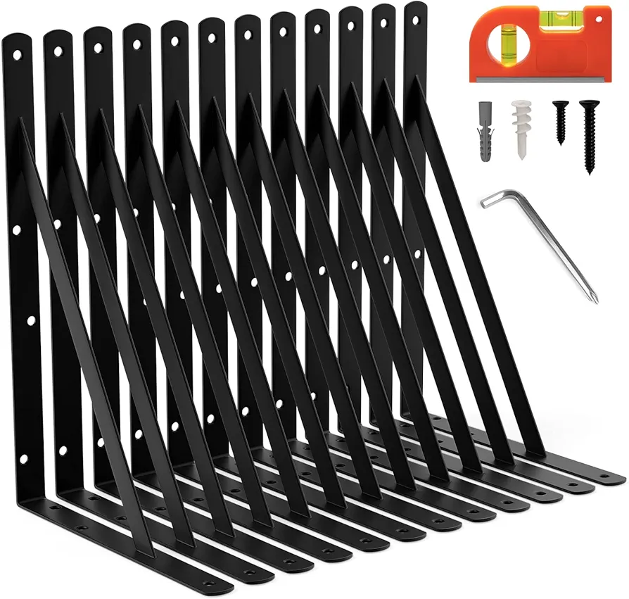 LEOPO 14 Inch Shelf Brackets & Supports, Large Wall Brackets for Garage Storage, Heavy Duty Shelf Support Angle Brackets, 90 Degree Triangle L Brackets, 12 Pack
