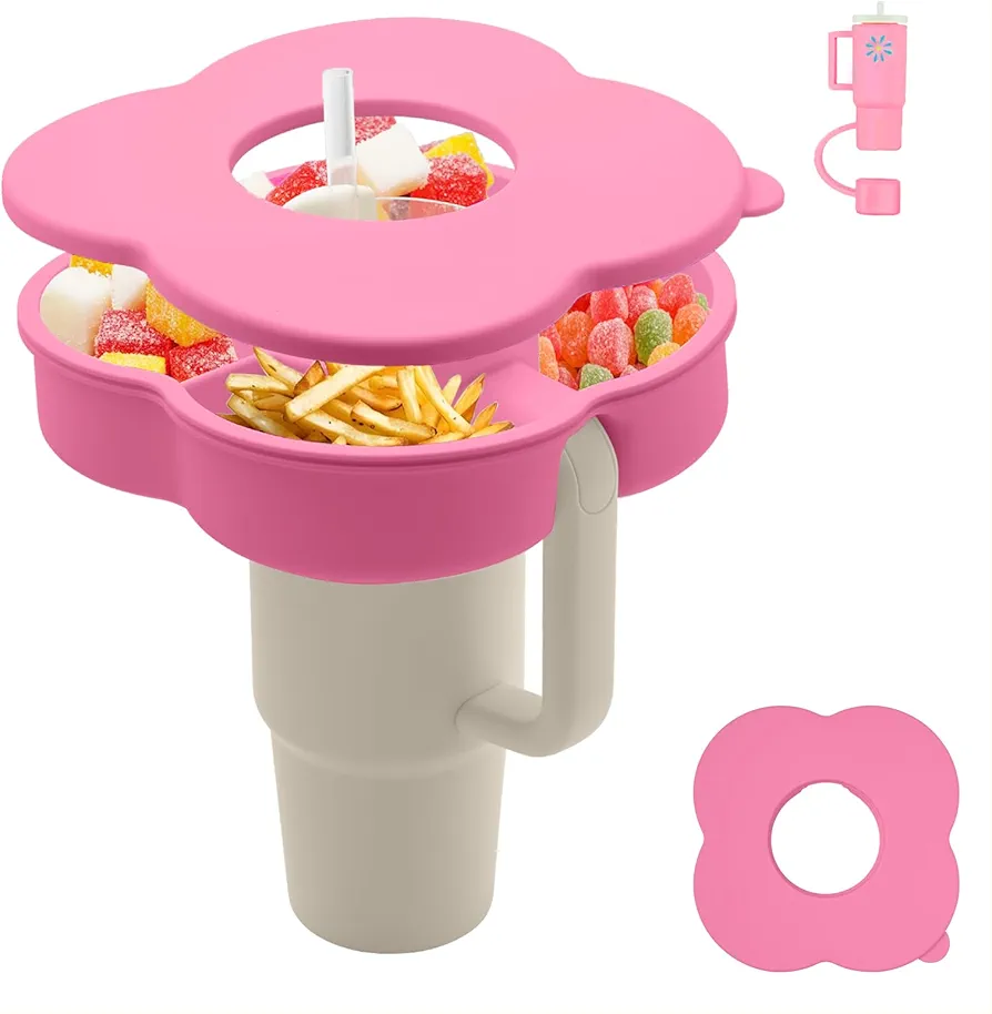 Snack Bowl with Lid for Stanley 40oz Tumbler with Handle, Silicone Reusable Snack Tray Snack Ring for Stanley Cup Accessories, Peony