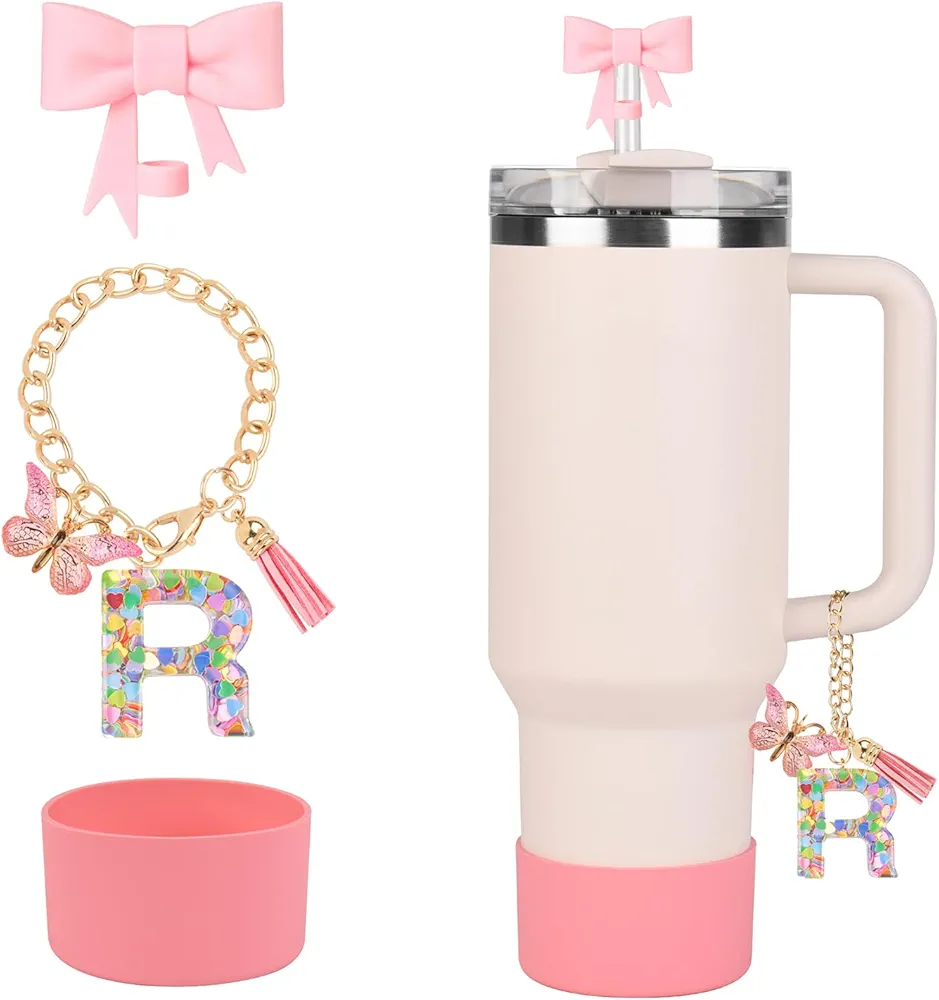 Stanley Cup Accessories Set, Straw Cover Cap for 9-10 mm Straws, Silicone Boot for Stanley Cup Stanley 40 oz 30 oz Tumbler, Letter Charm Accessories for Stanley Cup with Handle (R)