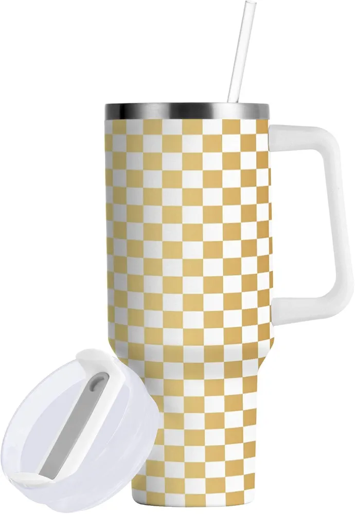 White Gold Checkered Pattern Insulated Tumblers Reusable Stainless Steel Tumbler 30 oz Cup Coffee Travel Mug Water Bottle with Handle & Flip Straw for Home Office Car