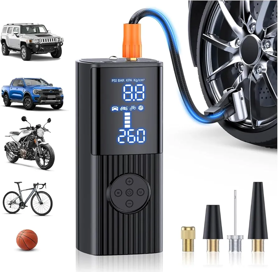 Portable Tire Inflator Air Compressor - 150 PSI, 25,000mAh Rechargeable Battery, Digital Pressure Gauge, Fast Inflation for Car, Bike, Motorcycle, Balls & More