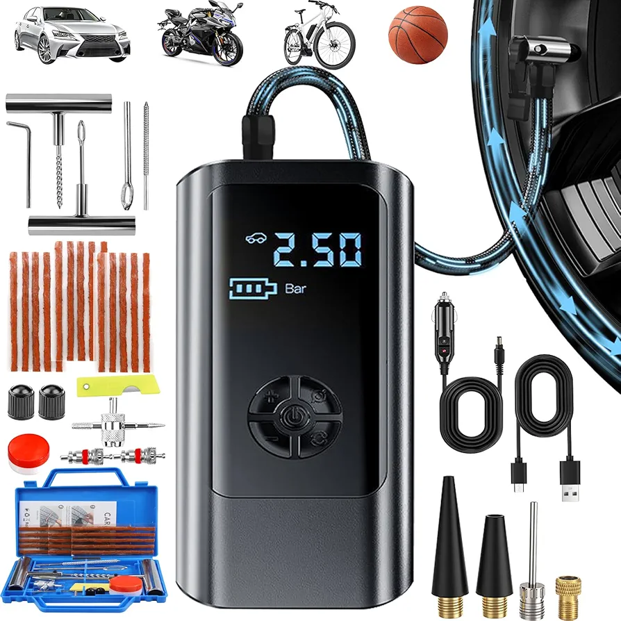 Tire Inflator Portable Air Compressor 150PSI Air Pump &Cordless Electric Tire Pump,35Pcs Tire Repair Kit, 3X Faster Inflation Electric Air Compressor for Car Bikes, Motorcycle, Ball