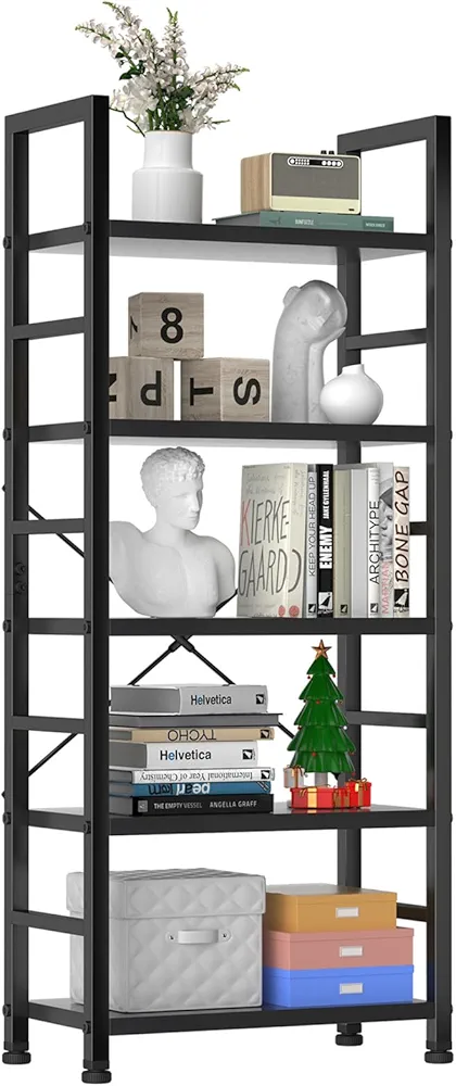Sweetcrispy Book Shelf, 5 Tier Bookcase, Tall Bookshelf Modern Book Case for Books, Garage Kit, CDs, Movies, Black Industrial Corner Storage Organizer for Bedroom Home Office Kitchen Living Room