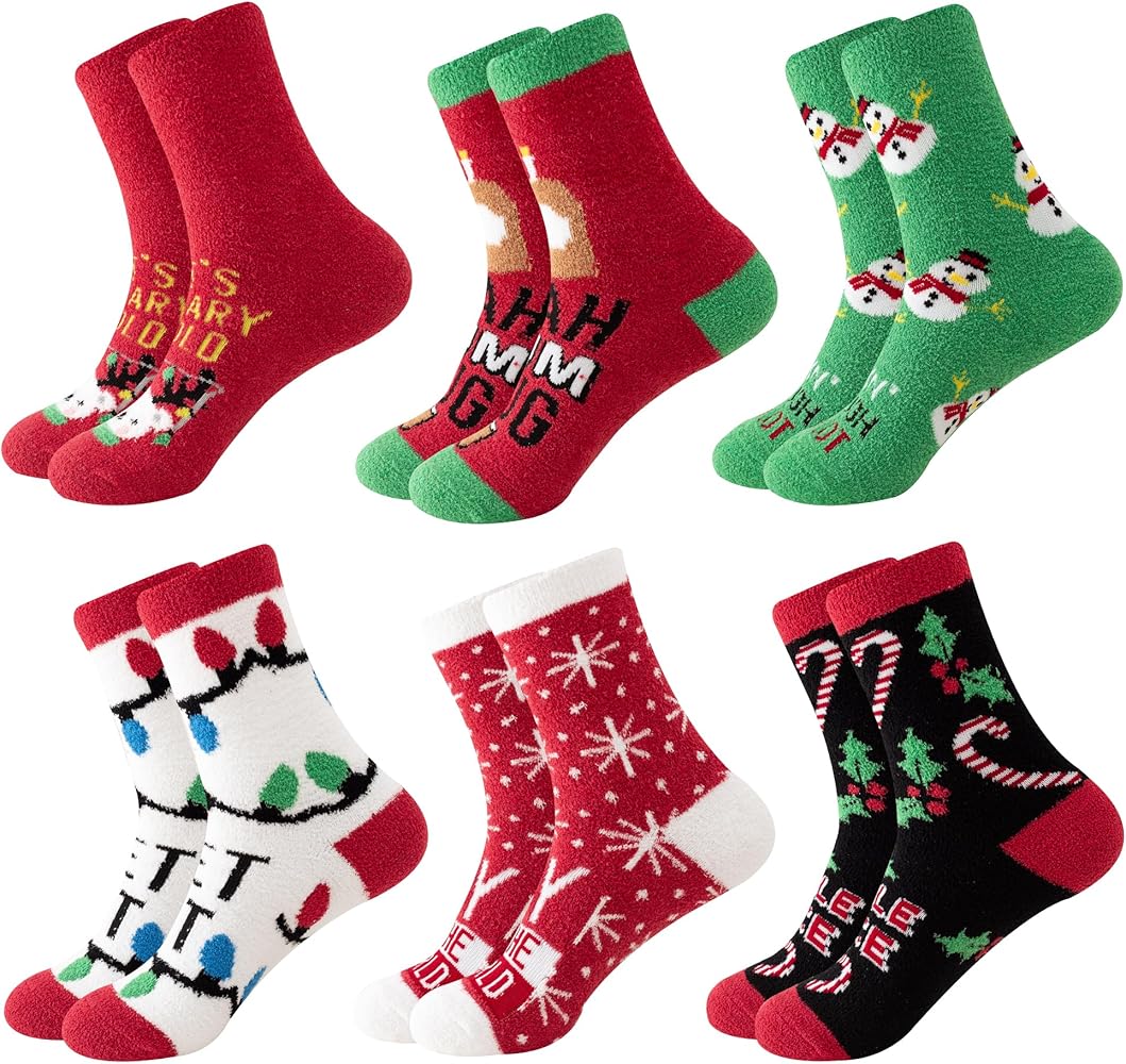 Fuzzy Christmas Socks for Women Funny Novelty Cozy Warm Slipper Holiday Socks for Women Christmas Gifts 6 Pairs