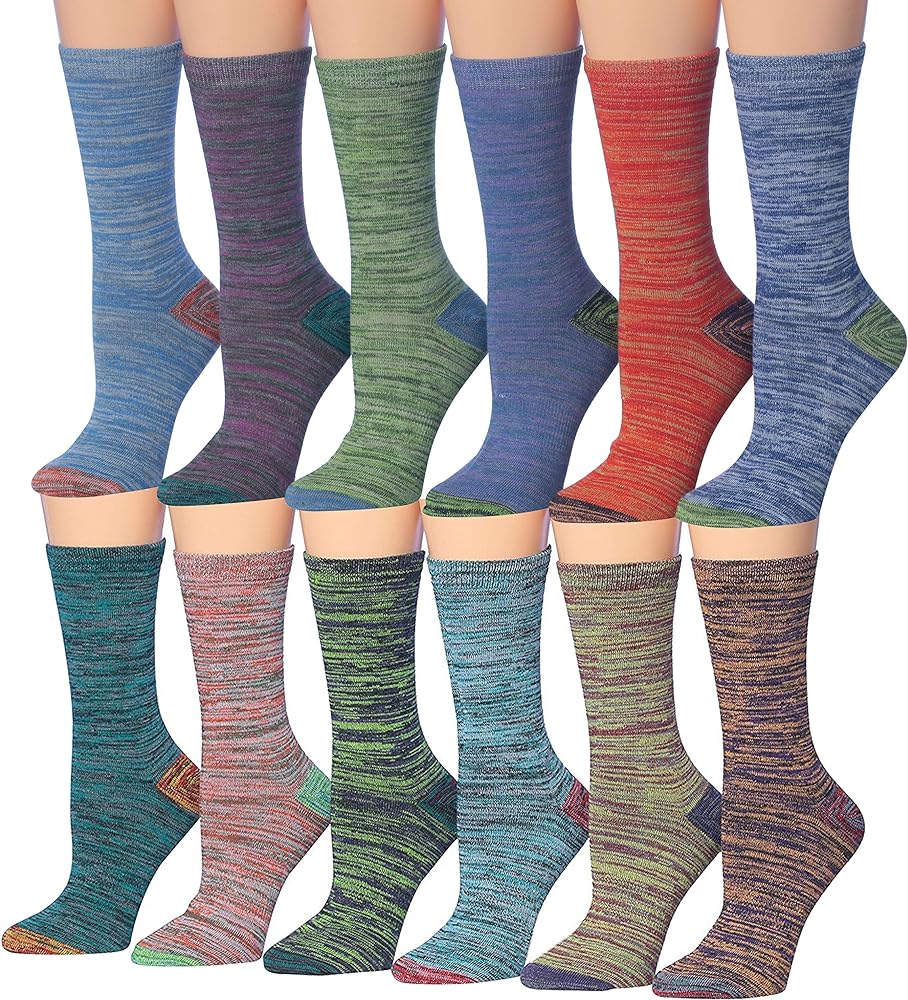 Tipi Toe Women's 12 Pairs Lightweight Colorful Patterned Crew Socks Available in Sizes 9-13