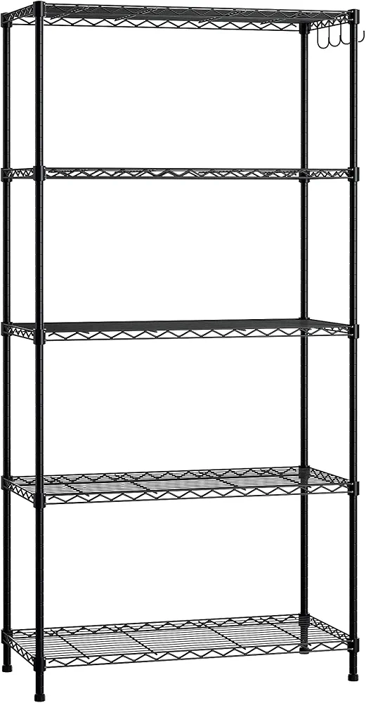 WORKPRO Storage Shelves, 5 Tier Metal Shelving Unit, Garage Wire Rack, Standing Adjustable Shelves with Hooks for Pantry Closet Kitchen Basement, 30" W x 14" D x 60" H, Capacity 750 LBS(Total)