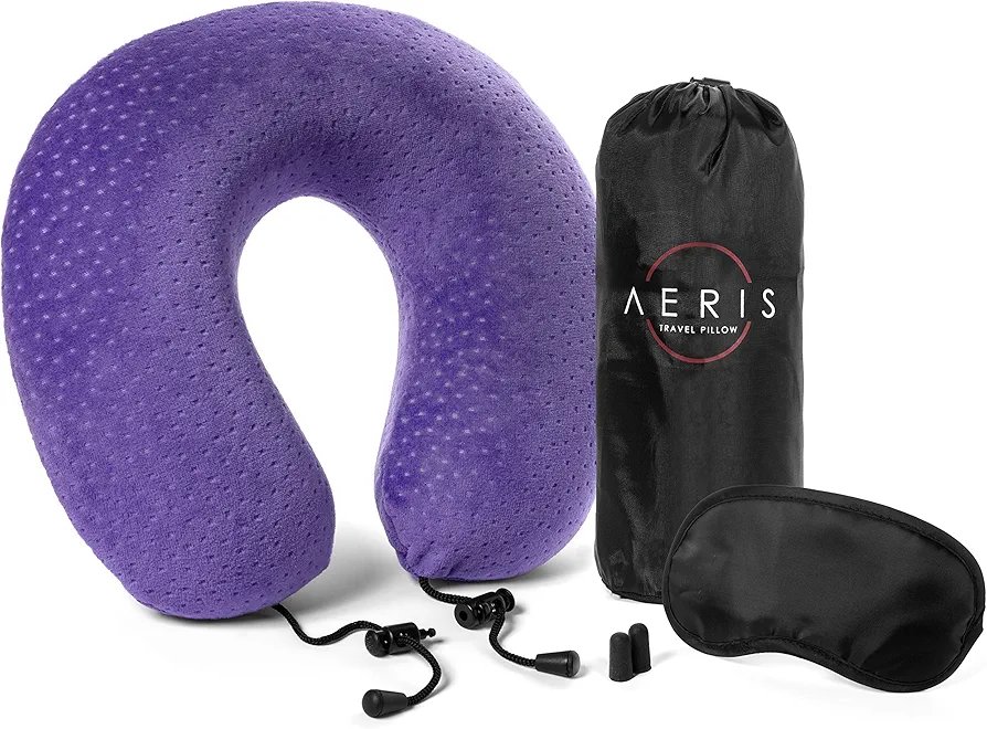 Purple Travel Pillow for Airplanes and Car - Memory Foam Neck Pillow with Sleep Mask, Earplugs, Carry Bag, Adjustable Toggles, Machine Washable Velour Cover, Purple