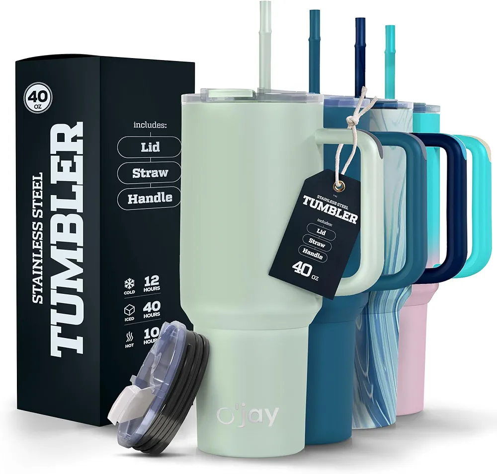 O'JAY Insulated 40oz Tumbler with Handle and Straw Lid - 100% Leak-Proof - Cupholder Friendly Travel Mug - Stainless Steel Insulated Tumbler with lid and straw - Gifts for Women Men Him Her.