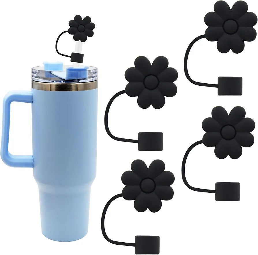 Flower Straw Cover Cap for Stanley Cup Silicone Straw Topper Compatible with 30 and 40 Oz Tumbler with Handle,Straw Tip Covers 10 mm 0.4 in for Straw Tip Covers (4pcs black flower)