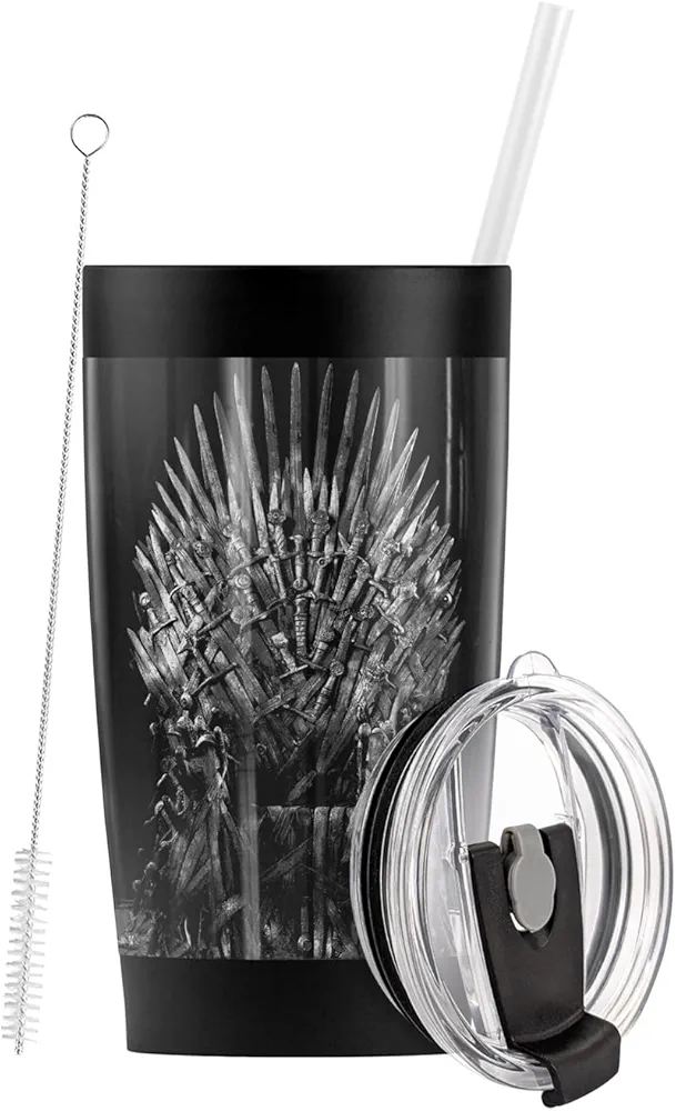 Logovision Game of Thrones Iron Throne Metallic Photo Stainless Steel Tumbler with Straw and Flip Lid 20 oz Travel Mug/Cup, Vacuum Insulated & Double Wall with Leakproof Dual Lid