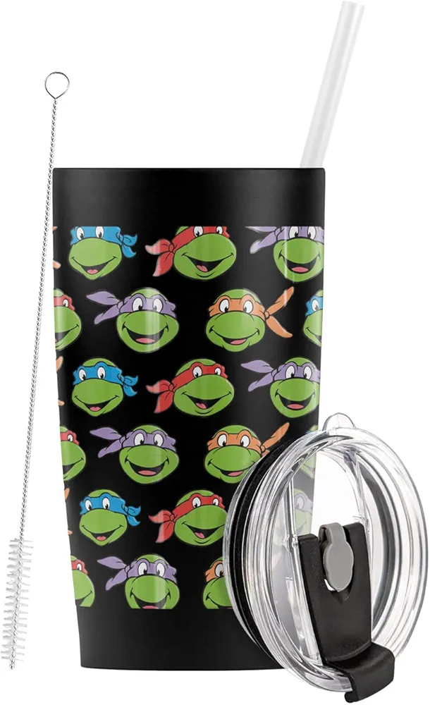 Logovision Teenage Mutant Ninja Turtles TMNT Turtle Heads Stainless Steel Tumbler with Straw and Flip Lid 20 oz Travel Mug/Cup, Vacuum Insulated & Double Wall with Leakproof Dual Lid