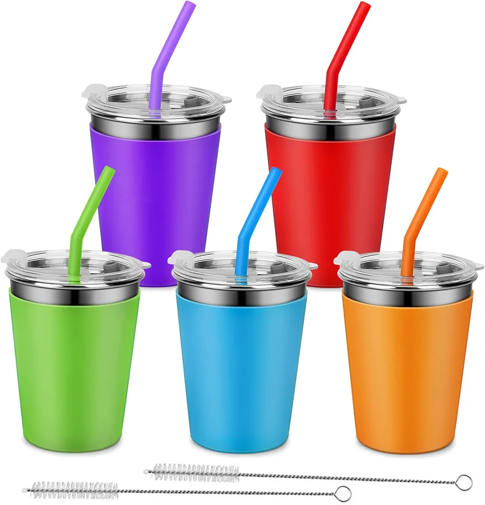 Kids Tumblers with Lids and Straws, 5 Pack Upgrade 12oz Stainless Steel Unbreakable Toddler Cups Spill Proof with Colorful Sleeve, Reusable Drinking Cup for Adults and Children