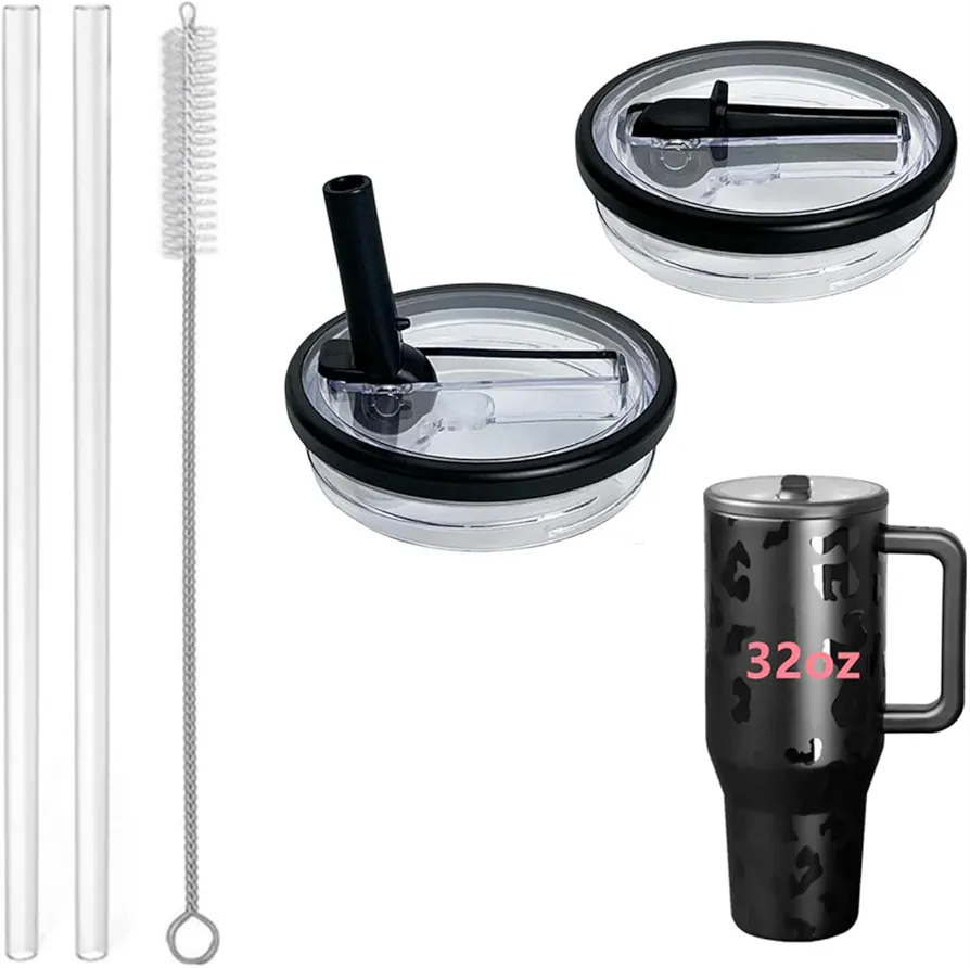 32 oz Tumbler Flip Straw Lid Replacement Fit for HydroJug,2 Pack Leak Proof for HydroJug Lid Replacement Spill Proof Reusable Tumbler Cover Compatible with 32oz HydroJug Cup Accessories (Black)