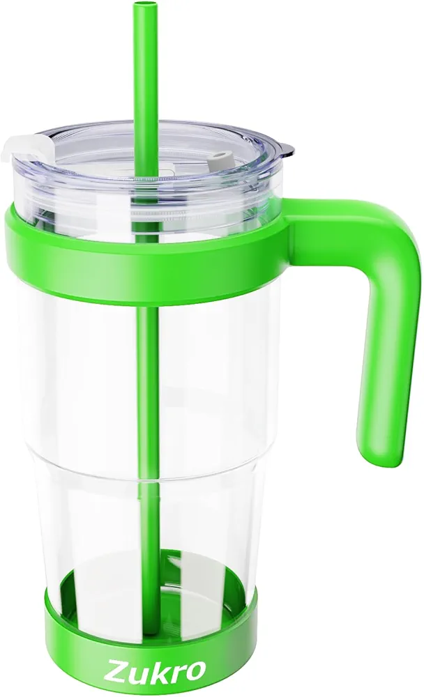 Zukro Glass Tumbler With Handle and Straw, Leak Proof, 24 oz Borosilicate Glass Iced Coffee Cup With Silicone Boot, Reusable Cup for Smoothie and Water, Dishwasher Safe, Neon Green