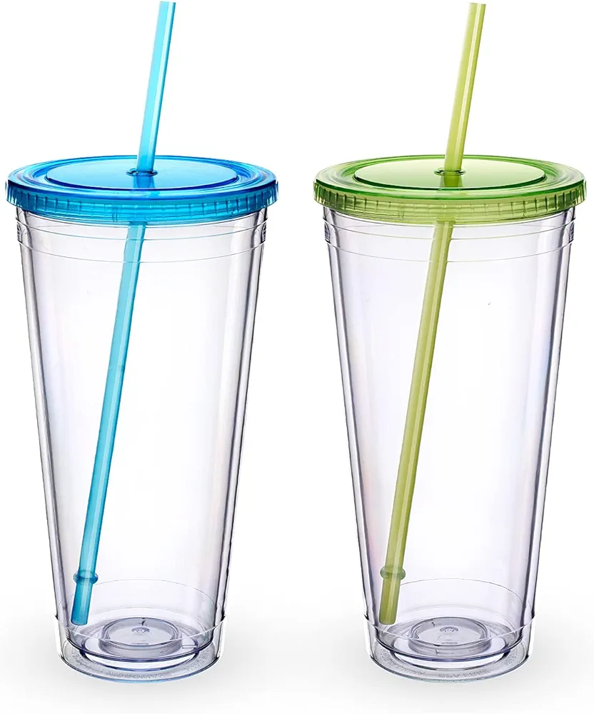 Zukro Clear Acrylic Tumbler with Straw and Lid 32 oz, Double Walled Insulated Reusable Plastic Iced Coffee Cup, To Go Cup Perfect for Parties, Birthdays, Fit in Cup Holder, BPA Free, 2 Pack