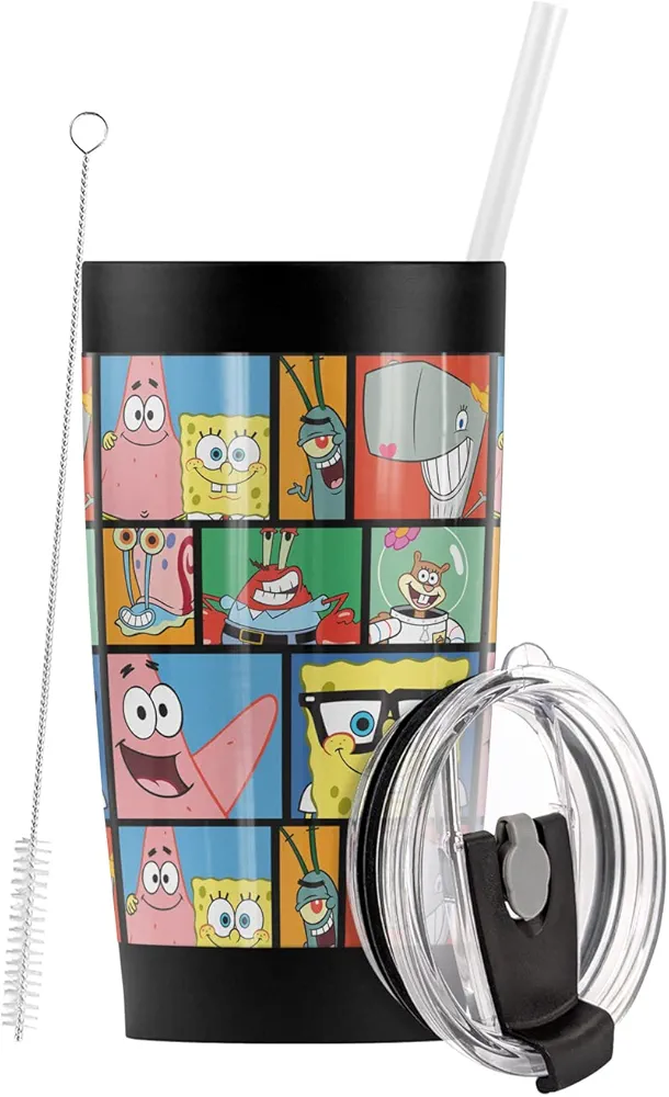 Logovision Spongebob Tile Pattern Stainless Steel Tumbler with Straw and Flip Lid 20 oz Travel Mug/Cup, Vacuum Insulated & Double Wall with Leakproof Dual Lid