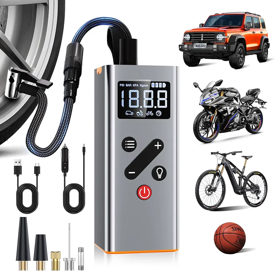 Tire Inflator Portable Air Compressor, 150PSI Portable Air Pump for Car Tires,2X Faster Cordless Portable Tire Inflator with Digital Pressure Gauge and Bike Tire Pump with LED for Motor Ball