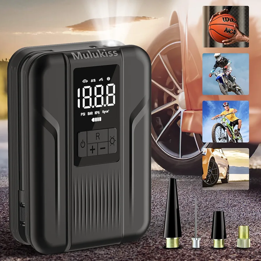 Tire Inflator Portable Air Compressor with Led Light, 150PSI Electric Air Pump with 5000mAh Battery, Car Tire Inflator with Pressure Gauge for Car/Bicycle/Motorcycle/Ball