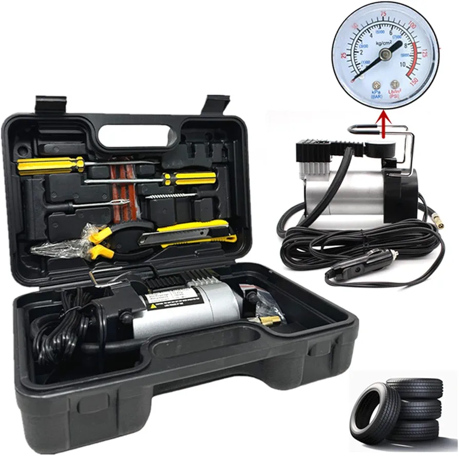 TSY TOOL 12V Car Tire Pump, Portable Air Pump for Car Tires, Trucks and Inflatables, Air Compressor, Inflator, Auto 150 PSI, Heavy Duty Tire Puncture Repair Kit & Carry Case