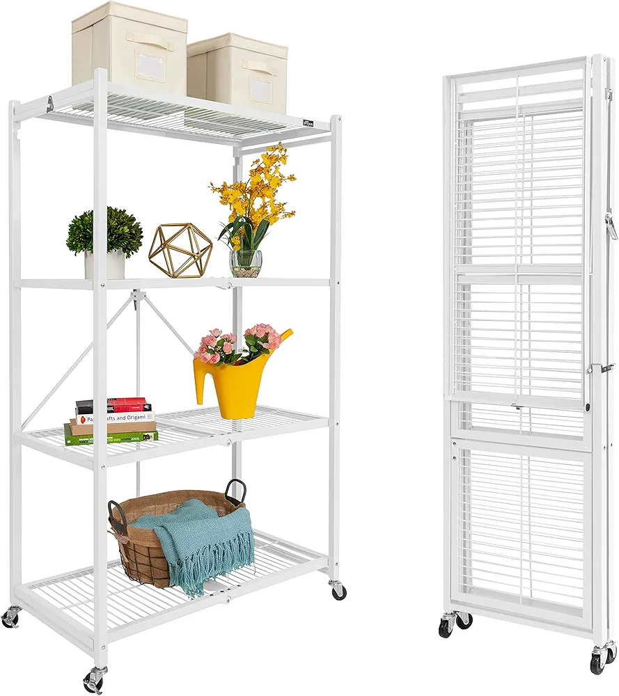 Origami 4 Tier Foldable Heavy Duty Metal Garage Storage Shelf Rack with Wheels and Powder Coated Steel for Organization in Home and Office, White