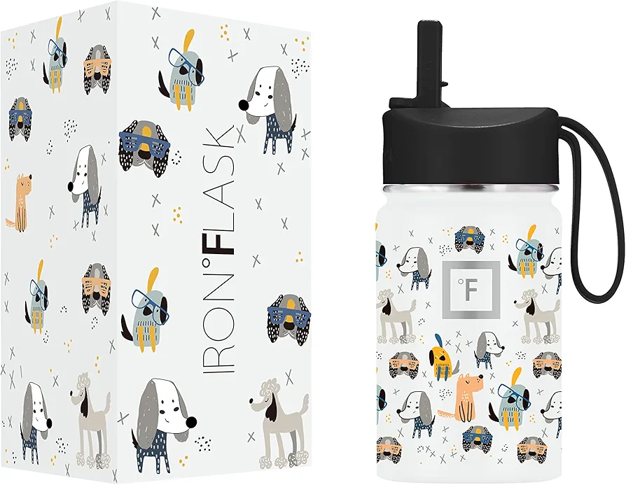 IRON °FLASK Kids Water Bottle - Straw Lid, 20 Name Stickers, Vacuum Insulated Stainless Steel, Double Walled Tumbler Travel Cup, Thermos Mug - Puppy Land, 10 Oz