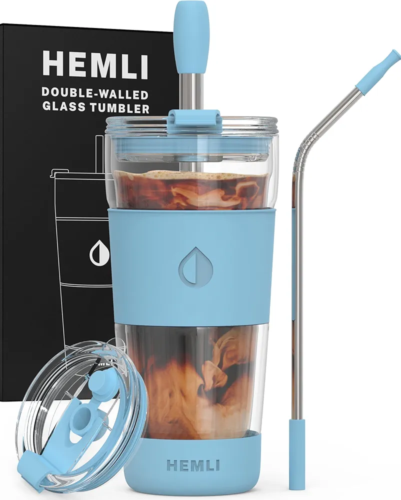 19 oz. Clear Double Wall Glass Coffee Tumbler, To Go Glass Travel Mug with Lid, Portable Glass Thermos with Straw, Reusable Cup for Coffee, Tea, Smoothies, Ice Coffee, and Boba (Light Blue)