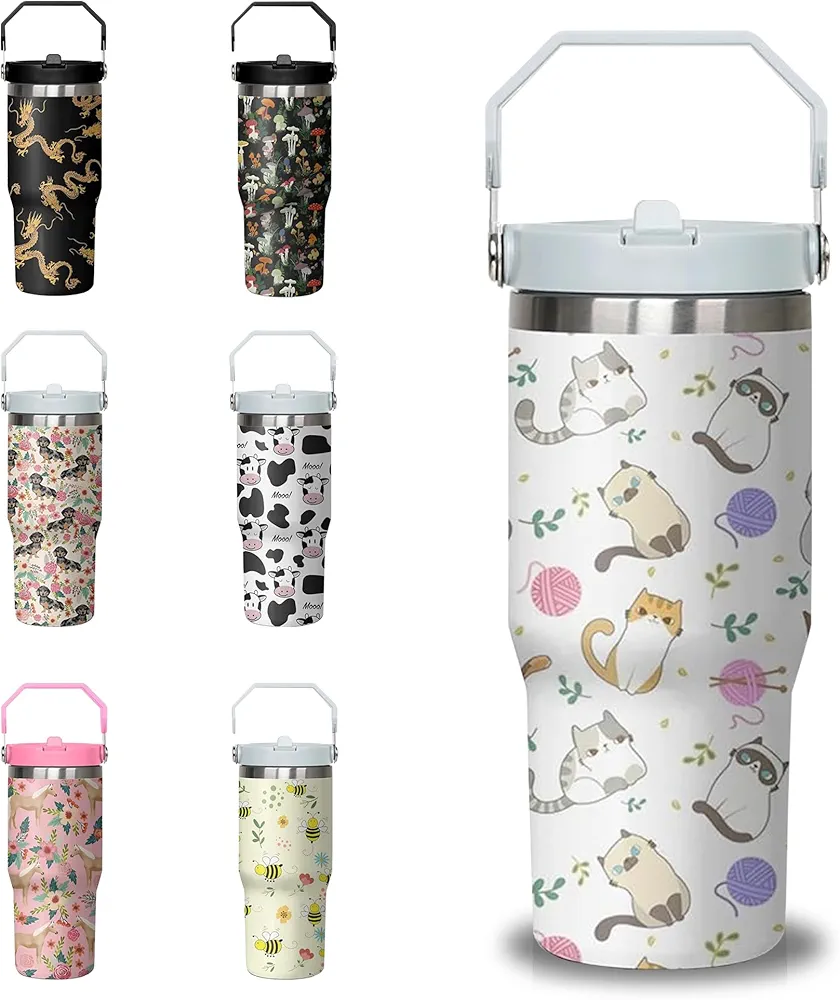 30 oz Cute Cat Tumbler with Handle and Flip Straw, Stainless Steel Insulated Cup with Lid and Straw,Travel Coffee Mug Water Bottle,Christmas Birthday Mothers Day Gifts for Women Animal Lovers