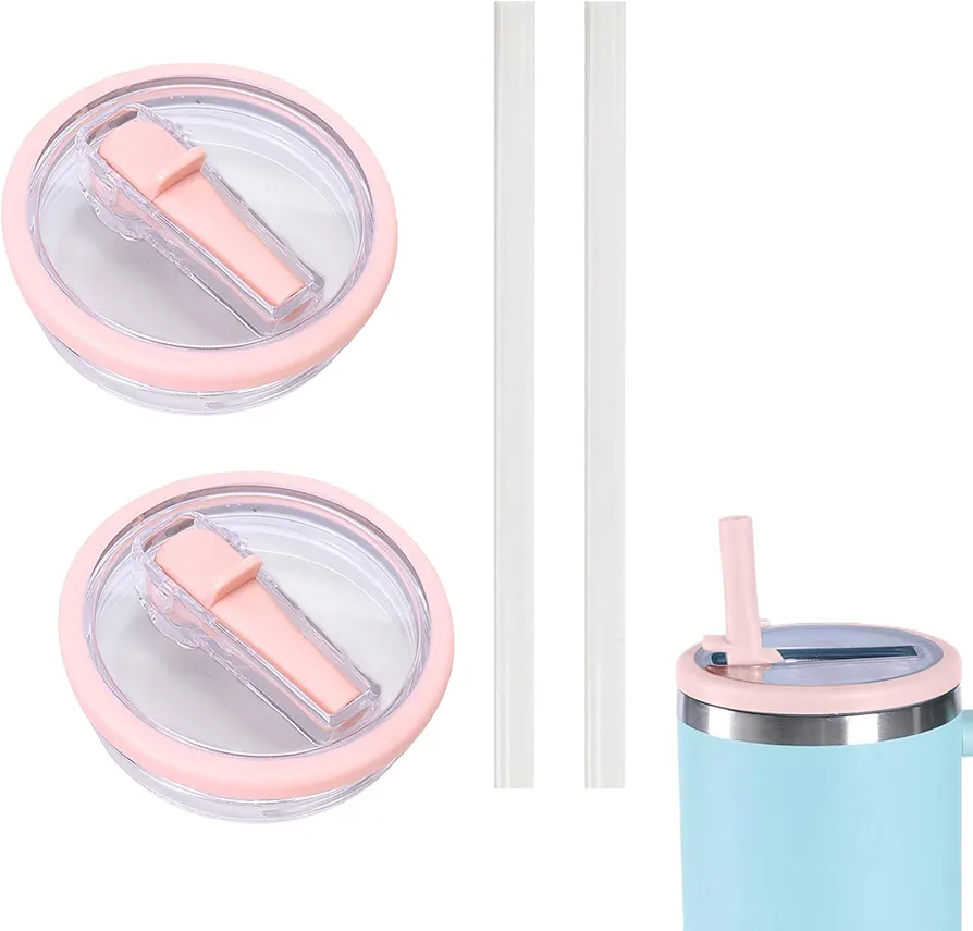 2pc Flip Straw Lid Replacement Fit for 40 Oz Stanley, Flip Straw Tumbler Lid for Stanley Quencher, Leakproof Flip Straw Lid, Reusable Tumbler Cover for Stanley Cup & Hydrojug (Pink)