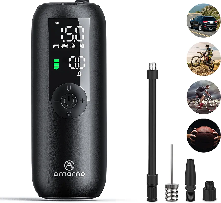 Portable Air Compressor Mini Bike Pump, AMORNO 150 PSI Electric Tire Pump Handheld Inflator with Digital LCD Screen LED Lights for Cars Bike Motorcycles Balls and Other Inflatables (Black)