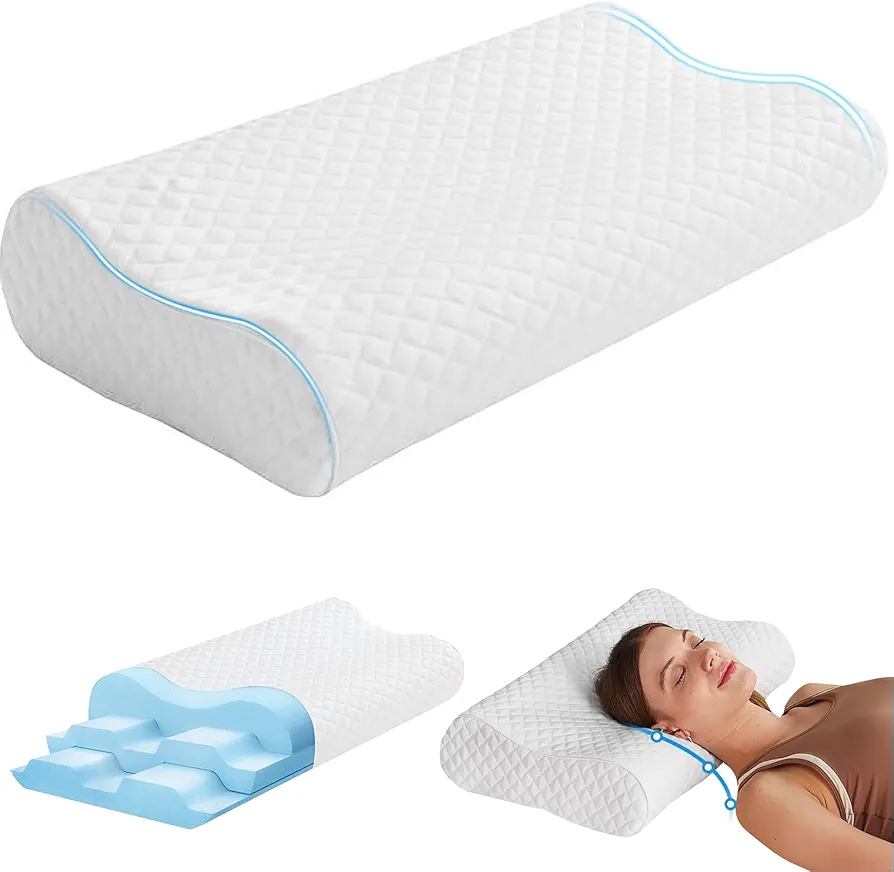 Neck Cervical Pillows - Memory Foam Pillow for Neck Pain Relief, Ergonomic Neck Support Pillow, Contour Pillow for Side, Back Stomach Sleepers, Anti Snoring Pillow, White