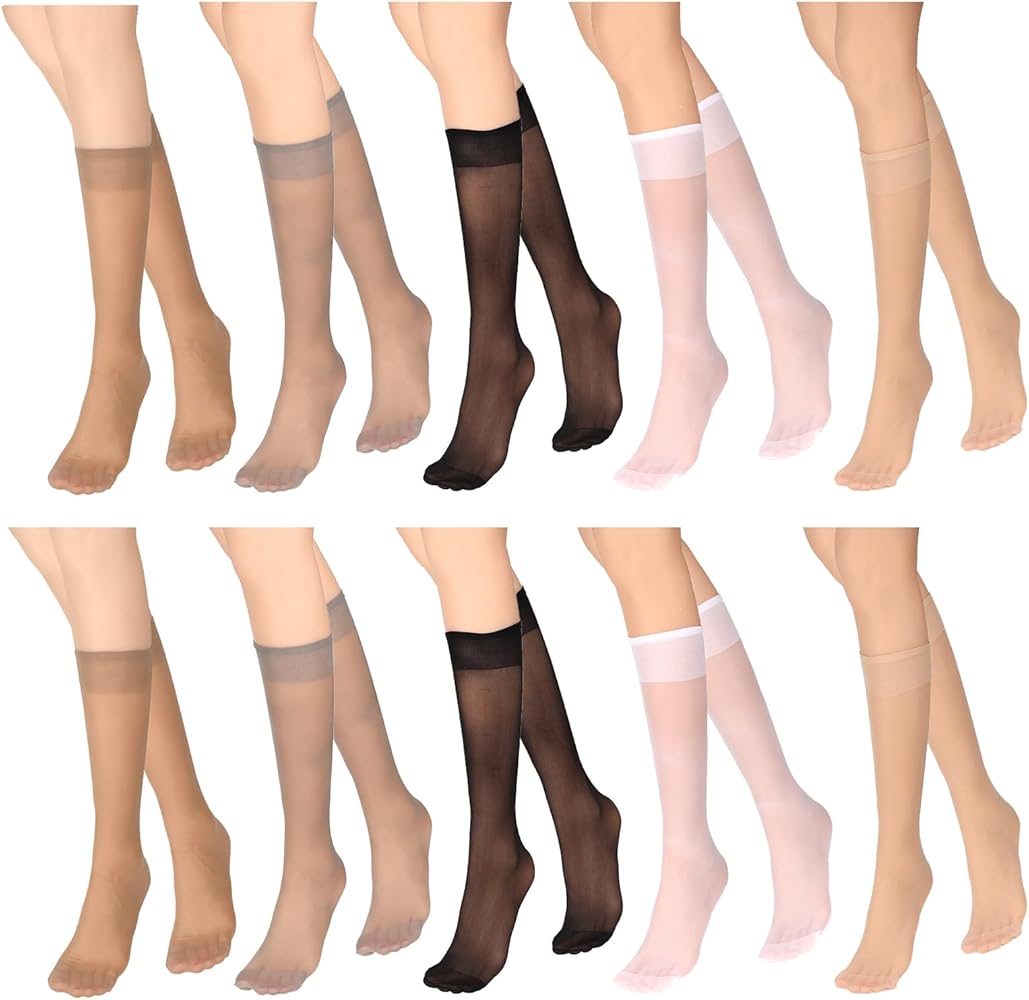 10 Pairs Sheer Knee High Stockings for Women, Nylon Pop Socks Thigh High Stockings Sheer Trouser Socks, 5 Colors Ladies Knee High Stockings with Reinforced Toe Elastic Soft Nylon Socks