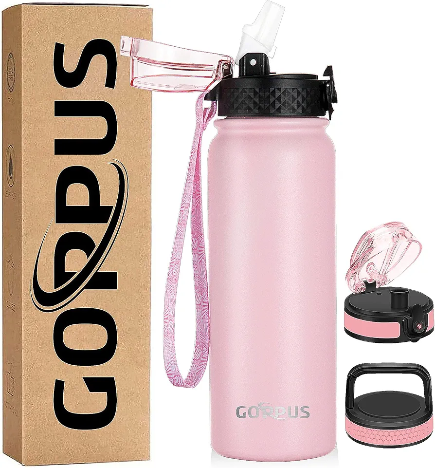 GOPPUS Kids Water Bottle with Straw Spout Wide Mouth Lid 20 oz Leak Proof Double Walled Metal Insulated Stainless Steel Sports Water Bottles with Strap Handle Stickers for Boys Girls School(3 Lids)