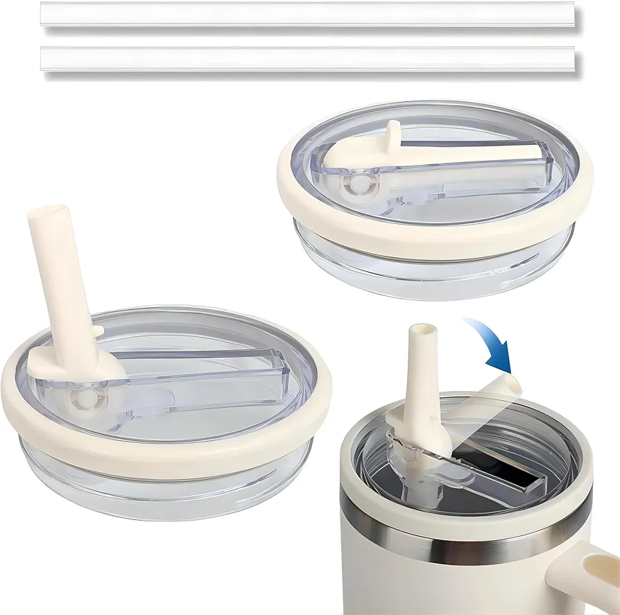 2 Pack 40 oz Tumbler Flip Straw Lid Suitable for Stanley Cup, Splash-Proof, Leak-proof, Spill-Proof Straw Lid Replacement, Reusable Tumbler Lid（lvory）