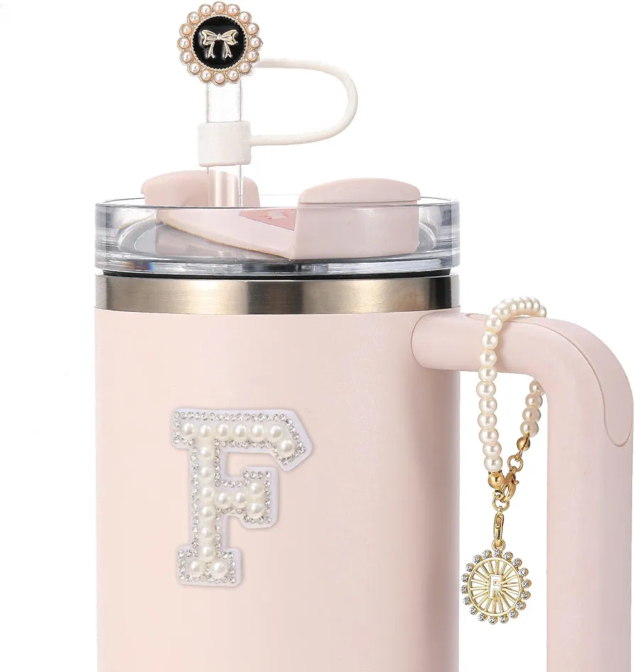 3PCS Stanley Cup Accessories-Straw Cover for 30&40 Oz Tumbler 10mm Straw Topper, Silicone Initial Charms Chain for Handle and Letter Sticker Decorations-F