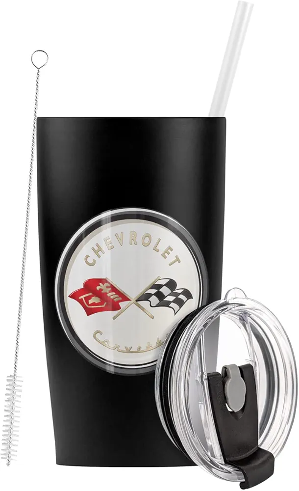 Logovision Chevy OFFICIAL 1953 Vintage Corvette Emblem Stainless Steel Tumbler with Straw and Flip Lid 20 oz Travel Mug/Cup, Vacuum Insulated & Double Wall with Leakproof Dual Lid