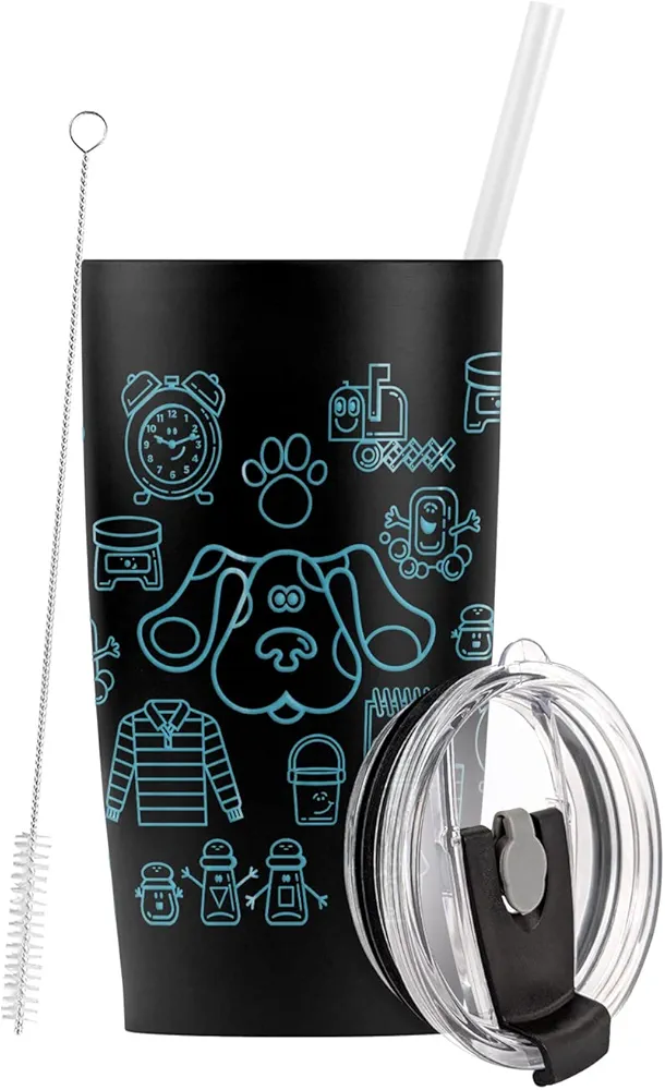 Logovision Blue's Clues Blue Line Pattern Stainless Steel Tumbler with Straw and Flip Lid 20 oz Travel Mug/Cup, Vacuum Insulated & Double Wall with Leakproof Dual Lid