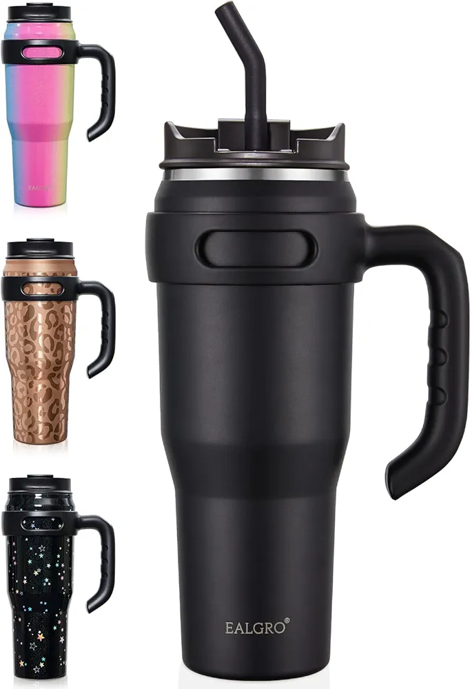 40 oz Tumbler with Handle, Large Insulated Tumblers with Straw and Lid, Stainless Steel Vacuum Travel Coffee Mug Cup, Black