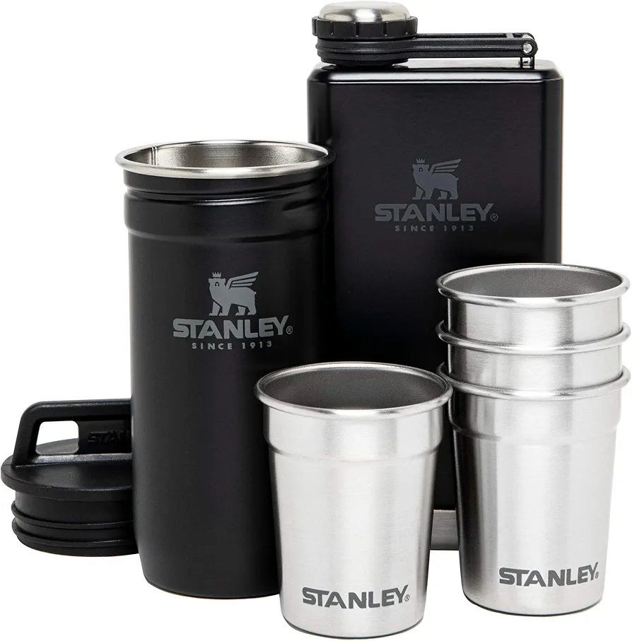 Stanley Adventure Nesting Shot Glass Set and Flask, 4 Stainless Steel Shot Glasses with Rugged Metal Travel Carry Case, Camping Gifts, Matte Black, 2oz