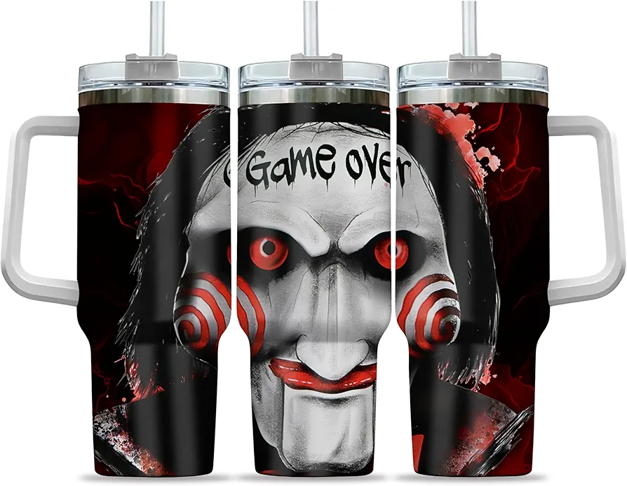 PuresDesigns Horror Tumbler, Horror Cups, Horror Movie Tumbler, Halloween Tumbler with Handle, Jigsaw Tumbler Saw, Gift Halloween Flip Straw Tumbler