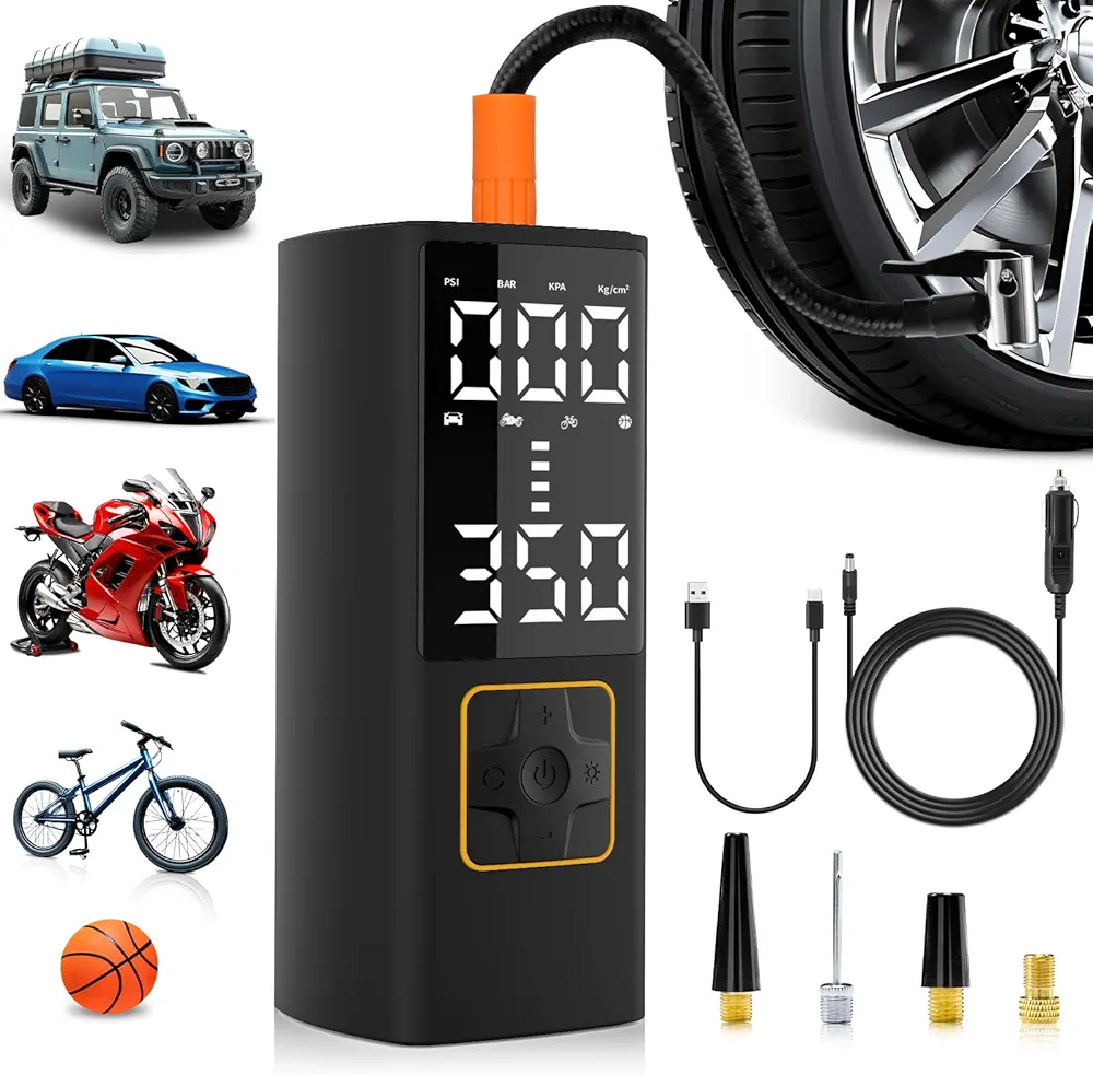 Tire Inflator Portable Air Compressor Cordless 150PSI Auto Air Pump LED Display Auto-Off with Rechargeable Battery and DC 12V Emergency Light for Car Bike Ball